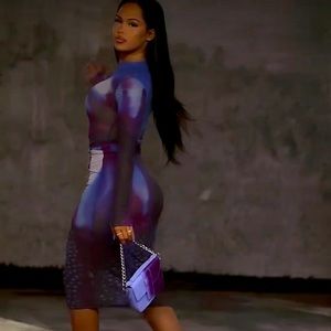 Long sleeve body print maxi dress in blue multi mesh